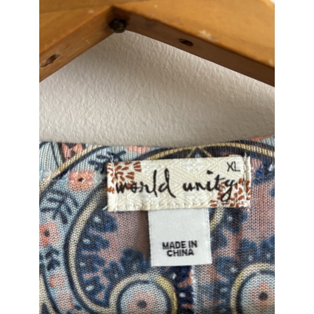 World Unity XL Multi-color Eastern Print Tunic Top Studded Asymmetrical Boho - Picture 6 of 14